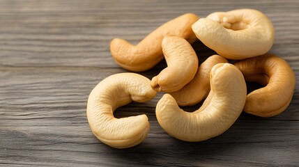 Cashew nut isolated on a wooden table, horizontal orientation, more clarity with clear light and sharp focus, high detailed