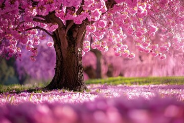 Pink cherry blossom tree in garden.