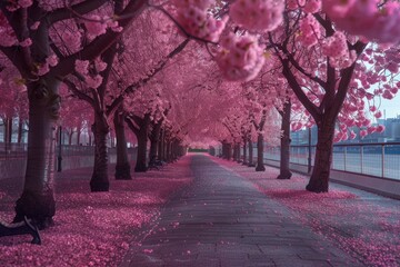 Rolls of cherry blossom trees by the roadside.