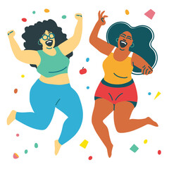 Two women dancing joyfully, both AfricanAmerican, one teal top blue pants, orange top red shorts. Confetti surrounds celebrating happy curvy female friends, festive mood illustration. Excited