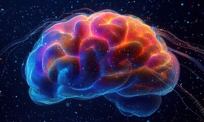 digital brain illuminated with streams of colorful data