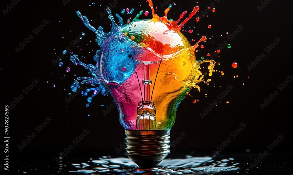 Wall mural lightbulb idea concept with colorful liquid of splashing unique creative idea on black background