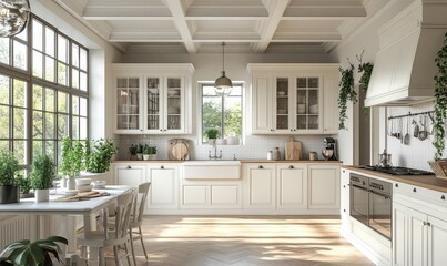 Scandinavian classic kitchen with wooden and white details, Luxury Kitchen Interior in white tone
