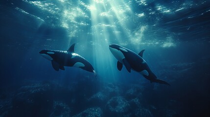 Obraz premium Orcas Swimming in Sunlit Ocean Depths