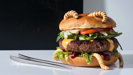 A large hamburger with a lot of toppings and some vegetables, AI