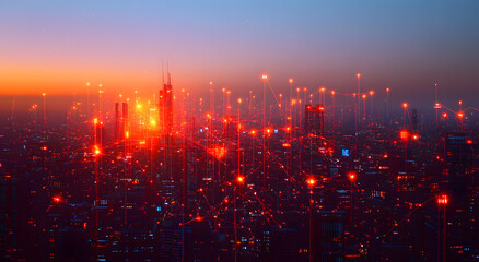 Cityscape at Dusk with Glowing Red and Orange Lights