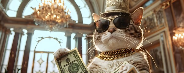 Cool rich gangster boss cat hipster with sunglasses, hat, headphones, gold chain and money dollars. Business, finance, creative idea. Crypto investor cat is holding a lot of money. Winning, concept