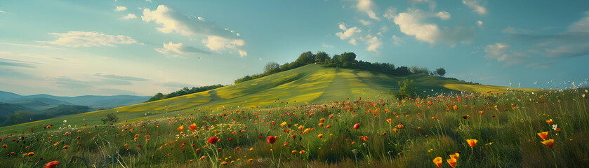 Rolling Hills and Wildflowers in a Lush Meadow, Photo