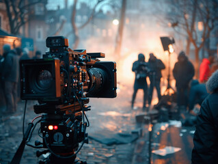 Cinematographers Set Up Equipment for Nighttime Urban Filming With Dramatic Lighting and Atmospheric Smoke
