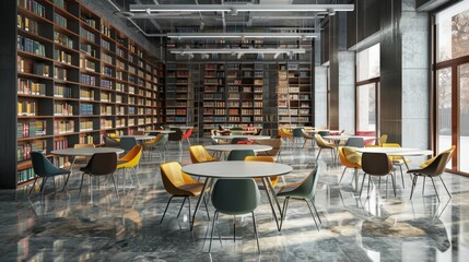 Modern Library Interior with Bookshelves and Tables.