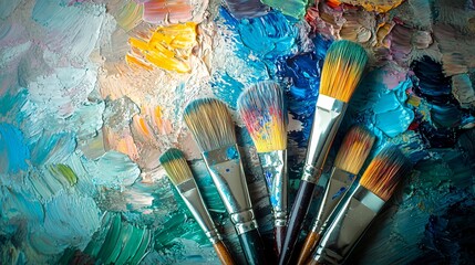 Fototapeta premium Selective focus and shallow depth of field of paintbrushes on a table 