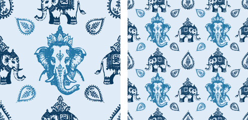 Boho Indian elephant vintage animal cute Blue seamless pattern vector illustration