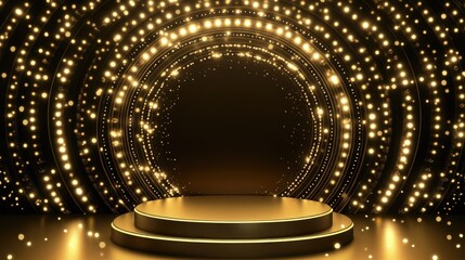 Elegant gold podium with a circular background featuring glowing dots and lights, perfect for award ceremonies or presentations