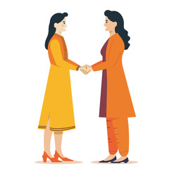 Two women handshake greeting traditional Indian attire. Female professionals meeting, business handshake salwar kameez. Cultural representation South Asian women, formal handshake