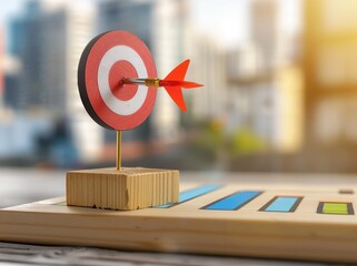 A business growth graph chart and a blurry city background, for a goal achievement concept.