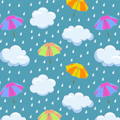 Clouds and umbrellas in a pattern.Vector seamless pattern with colorful umbrellas and clouds on a colored background with raindrops.