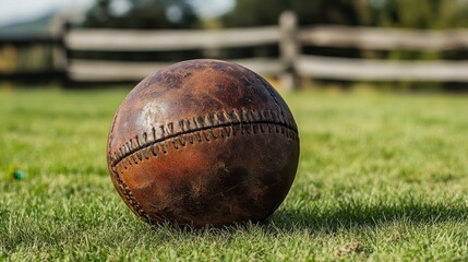 Vintage leather football on a grass field, with an old wooden fence in the background