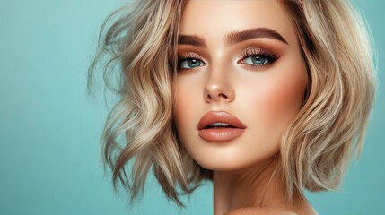 Naklejka premium Fashionable blonde bob hairstyle on a beautiful woman, captured in a close-up portrait, showcasing makeup trends