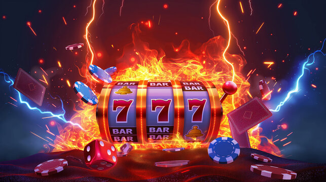 The Big win slots machine 777 casino with lightning isolation banner, Illustration