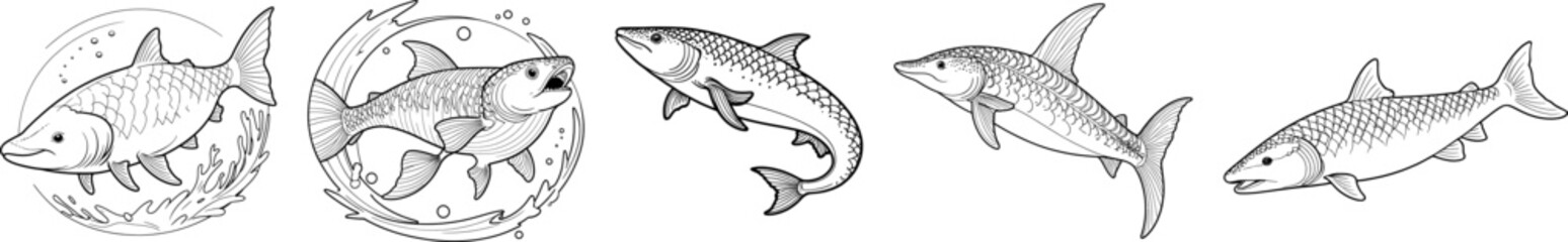 fish hand drawing coloring page and outline clipart vector design