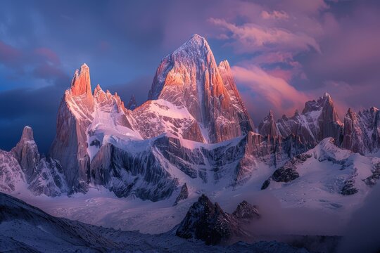 Cerro torre peak enveloped by los glaciares national park at twilight in el chaltйn, patagonia, argentina