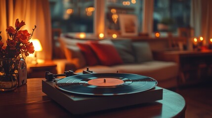 Retro record player spinning vinyl album, with a cozy living room setup and dim lighting