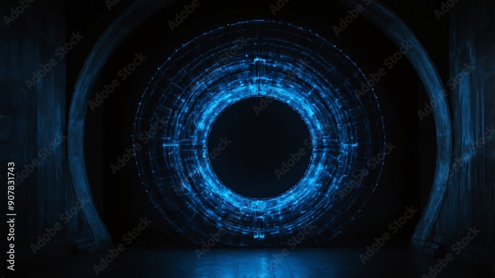 Wall mural blue glowing circle abstract in black background copy space design