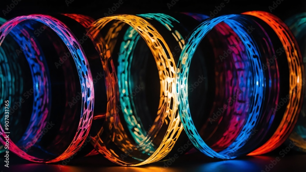 Wall mural colorful glowing circle abstract in black background copy space design