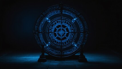 blue glowing magic circle in black background copy space design