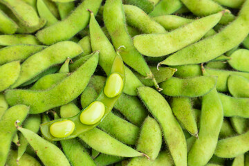 Fresh Green soybeans , Edamame beans organic vegetable, Food ingredient.