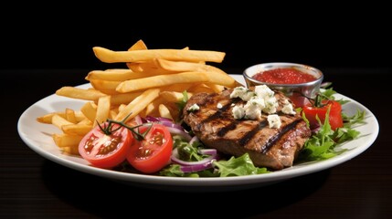 A rustic presentation of a pork steak, accompanied by a vibrant salad of mixed greens, cherry tomatoes, and crumbled feta cheese, all complemented by a side of crispy shoestring fries.