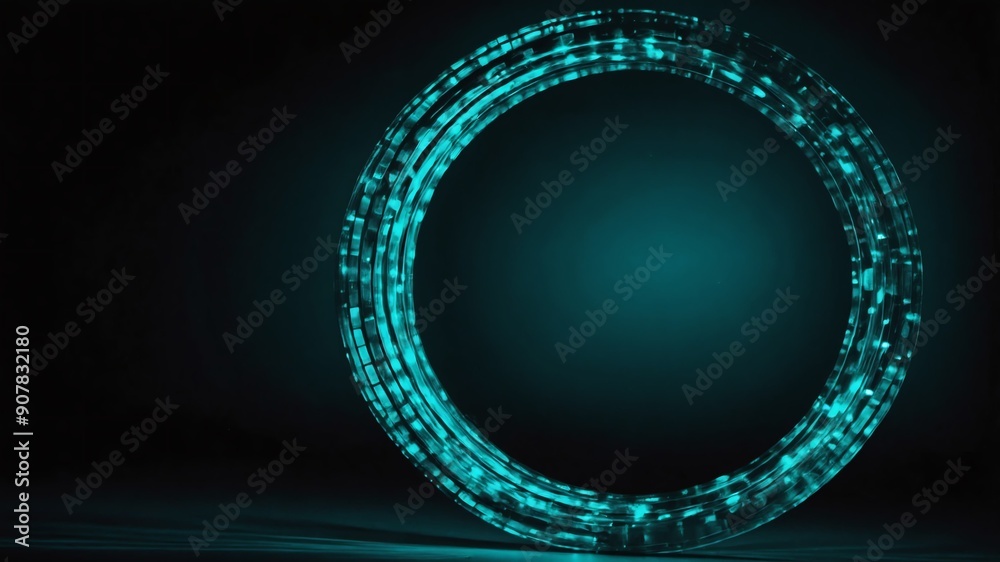 Wall mural teal glowing circle abstract in black background copy space design