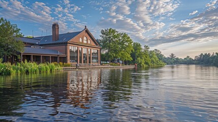 Historic Building Reflected in Calm Water.