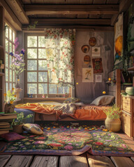 A detailed and hyper-realistic cinematic photograph captures inside the bedroom