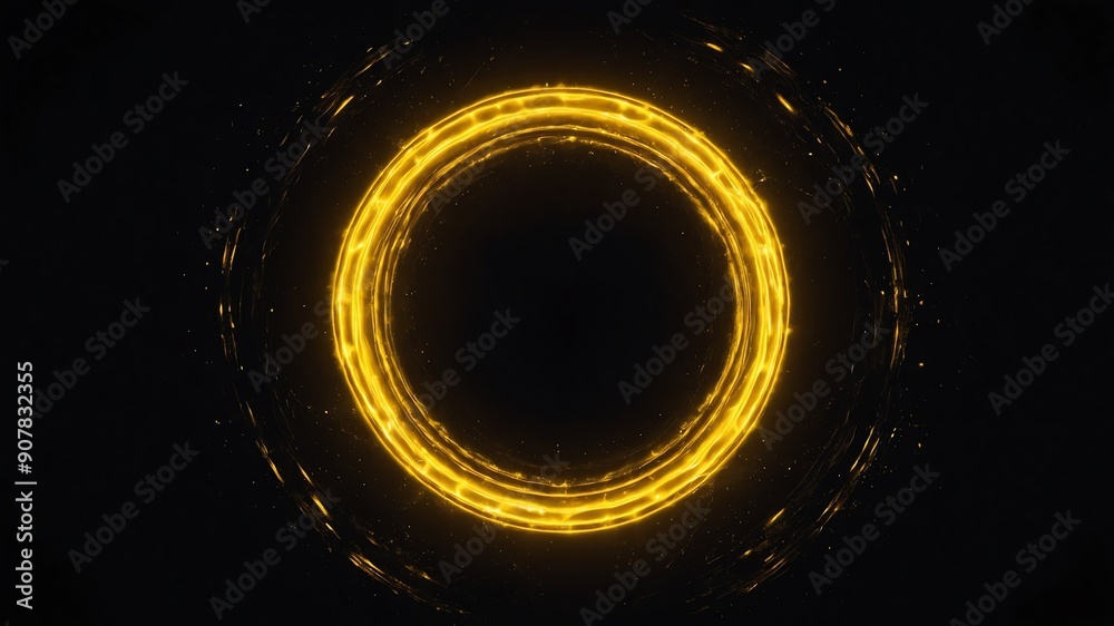 Wall mural yellow glowing circle abstract in black background copy space design