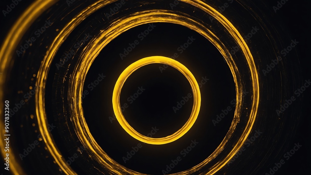 Wall mural yellow glowing circle abstract in black background copy space design