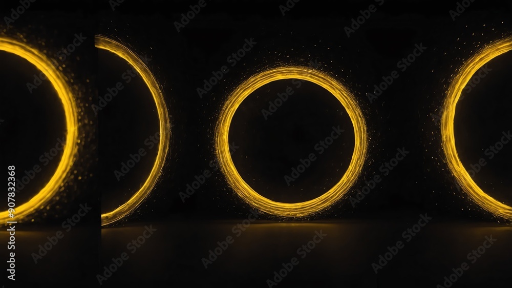 Wall mural yellow glowing circle abstract in black background copy space design
