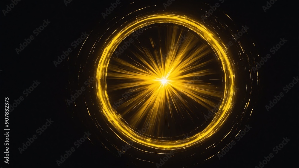 Wall mural yellow glowing circle abstract in black background copy space design