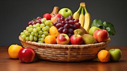 A rustic woven basket overflowing with a variety of fresh fruits, including apples, oranges, bananas, grapes, and berries.
