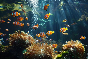 Fototapeta premium Clownfish swim near coral in blue water. This image is perfect for use in marketing materials for aquariums, marine biology, and ocean conservation.