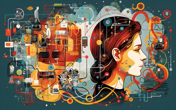 Artistic digital collage with a fusion of technology and human elements.