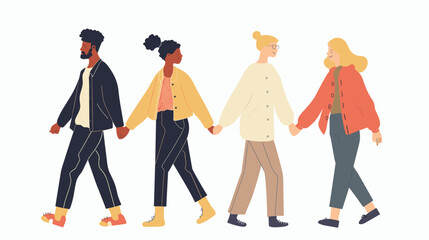 Obraz premium Two diverse couples holding hands walking side side, showing multicultural friendship relationships. African American man woman walk alongside Caucasian man woman, all dressed casual clothing