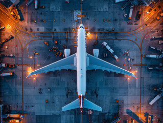 Aerial View of a Busy Airport Terminal With an Airplane and Ground Operations at Dusk