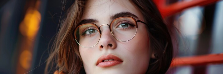 Thoughtful cute young woman with a geeky chic style