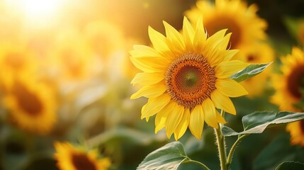 Obraz premium Group of sunflowers with one fully open and others still closed, set against a bright and sunny background, symbolizing growth