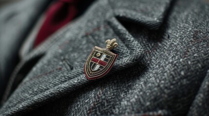 Closeup of a Suit Jacket with a Coat of Arms Badge.