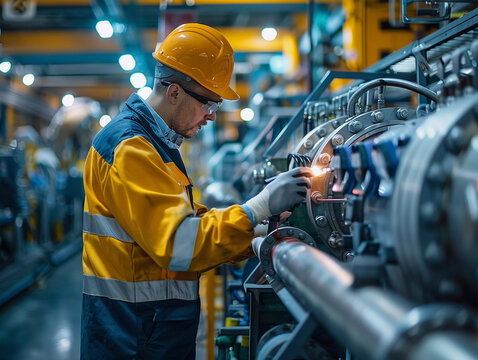 Worker Conducting Maintenance on Industrial Equipment in Factory During Evening Hours