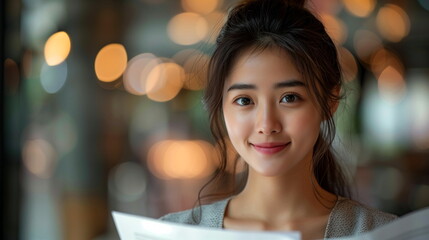 Obraz premium Reviewing documents with a bright smile - Photos of a happy successful successful business Asian woman in the office