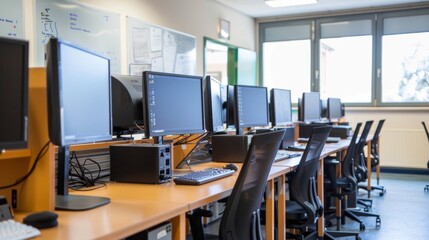 Computer lab with computers and desks in a classroom.