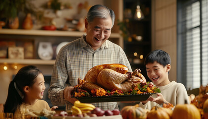 Naklejka premium Thanksgiving family gathering in cozy living room. Grandpa with beautifully roasted turkey, grandkids smiling and laughing around festively table with autumn-themed decorations, delicious dishes